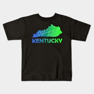 Colorful mandala art map of Kentucky with text in blue and green Kids T-Shirt